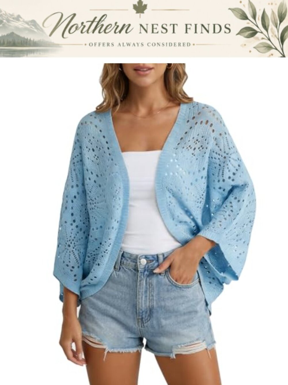 Womens Crochet Cardigan Lightweight Open Front 3/4 Sleeve Boho Cover Up